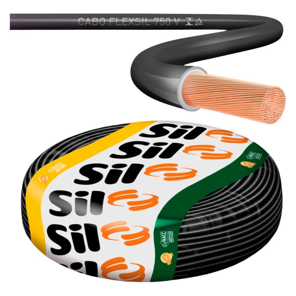 Fio Cabo Flexível 6mm Antichamas SIL 100% Cobre Rolo 6mm Com 100m 750v Cor Preto - Original Sil