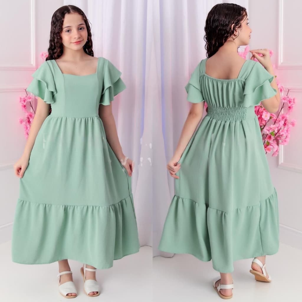 Vestido Longo Infantil Juvenil com Manga Babado Primavera Verão
