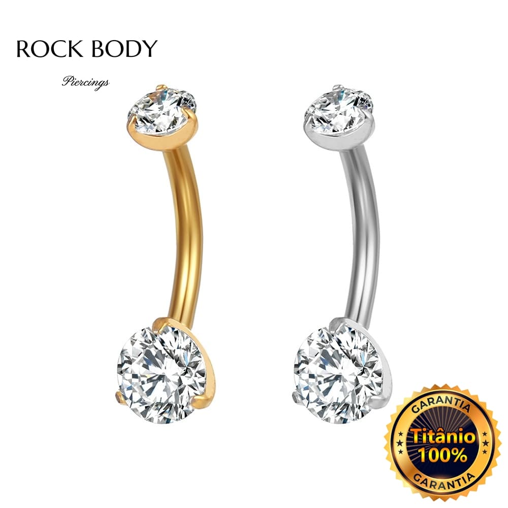 Piercing Umbigo Banana Titânio 2 Pedras Zircônia Cravejada Rosca Interna Piercing Umbigo Pequeno