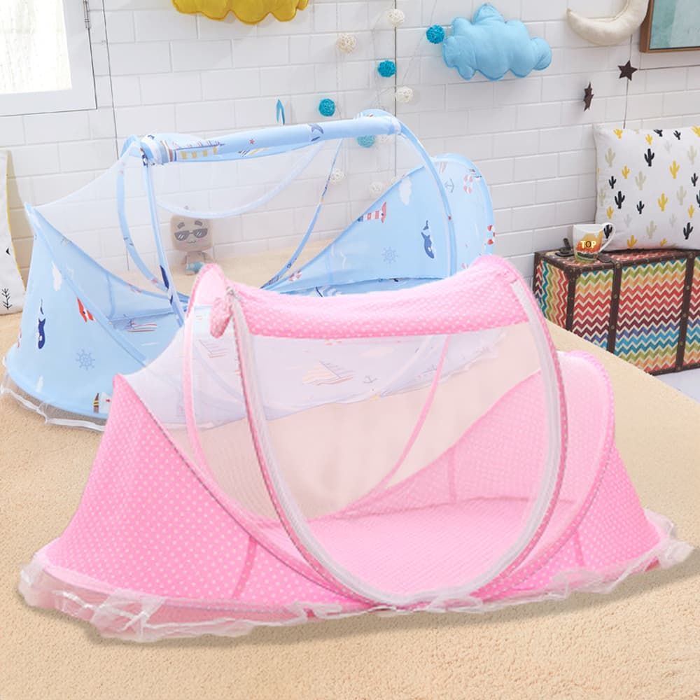 Berço Mosquiteiro Portátil para Bebê - Azul/Rosa