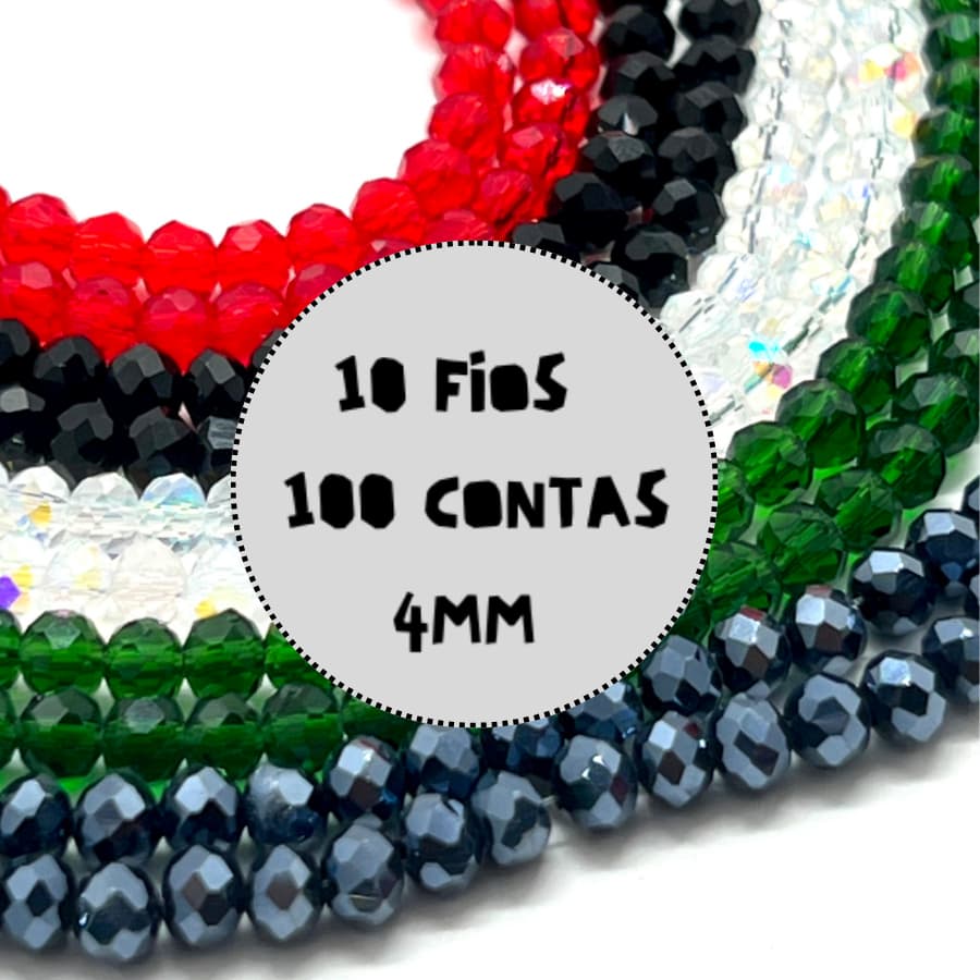 Kit 10 Fios de Cristal 4mm – Aprox. 100 Contas por Fio Para Pulseiras, Colares, Bijuterias e Artesanato