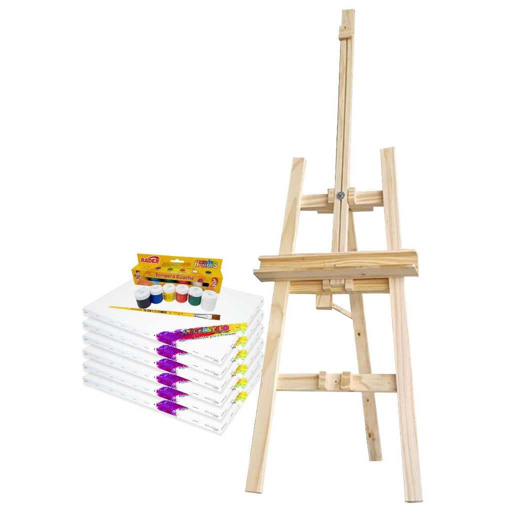 Kit De Pintura com Cavalete De Chão + 4 Telas 30x40 + Caixa com 6 Tintas + Pincel + Paleta p/ Tintas