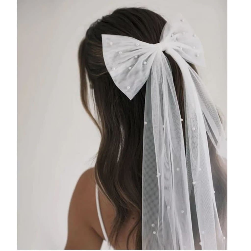 Laço Radiante de Tule Véu Com Detalhe Pérolas Veu Noiva Casamento