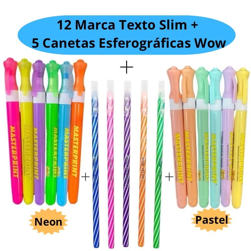 12 Marca Texto Slim ( Pastel e Neon) Masterprint + 5 Canetas Esferográficas Wow Fundo Branco 0.7mm Jocar