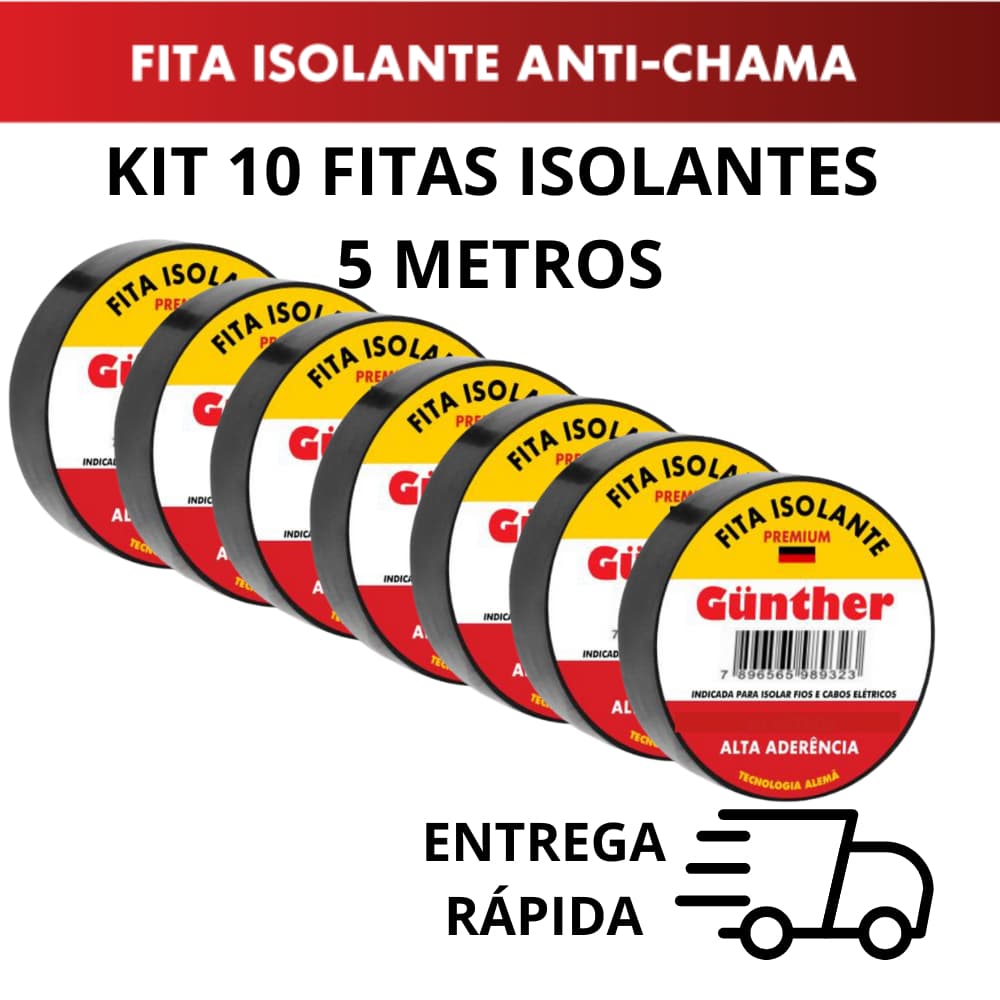 Kit 10 ou 5 Fitas isolante 5 Metros Alta Qualidade Anti-Chama Gunther