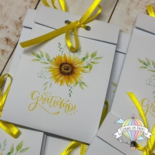 Cartão Gratidão Girassol Personalizado com Semente (Varejo) *Lembrancinhas *Mimos *Brindes *Kits  de 12 a 60 Unidades.