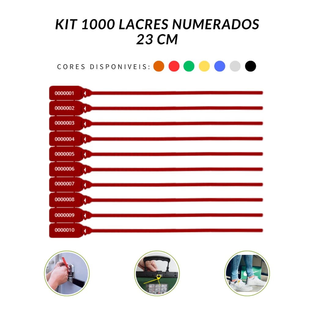 1000 Lacres Segurança Numerados 23cm Malote Segurança Viagem Uso Hospitalar Cadeado - Varias Cores