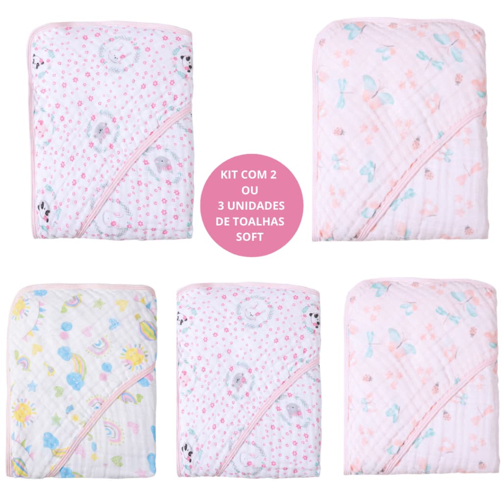 KIT COM 2 OU 3 TOALHA DE BANHO BEBÊ SOFT 2 CAMADAS COM CAPUZ - PAPI KARINHO OU MINASREY