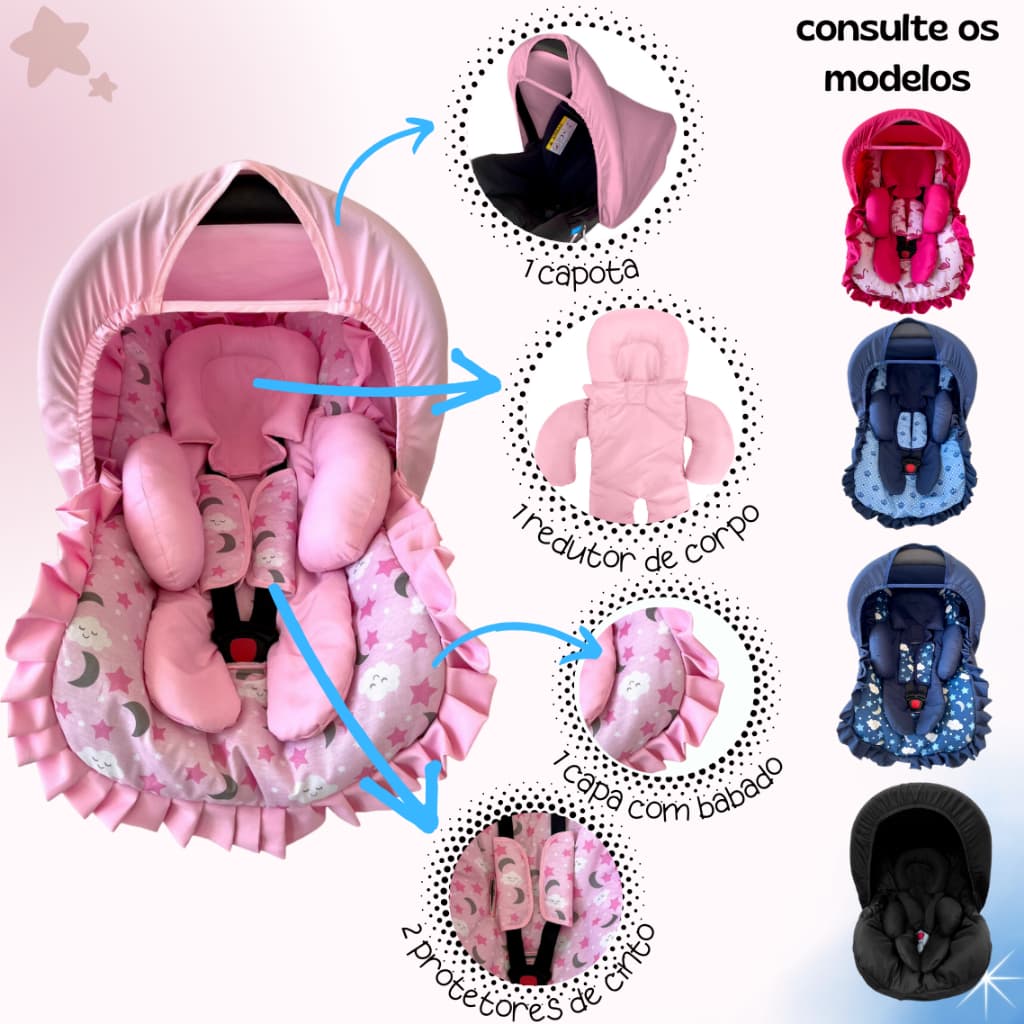 Kit 5 peças para bebê conforto Capa Protetor Cinto Capota Redutor 0-13 kg Galzerano Cosco Burigotto
