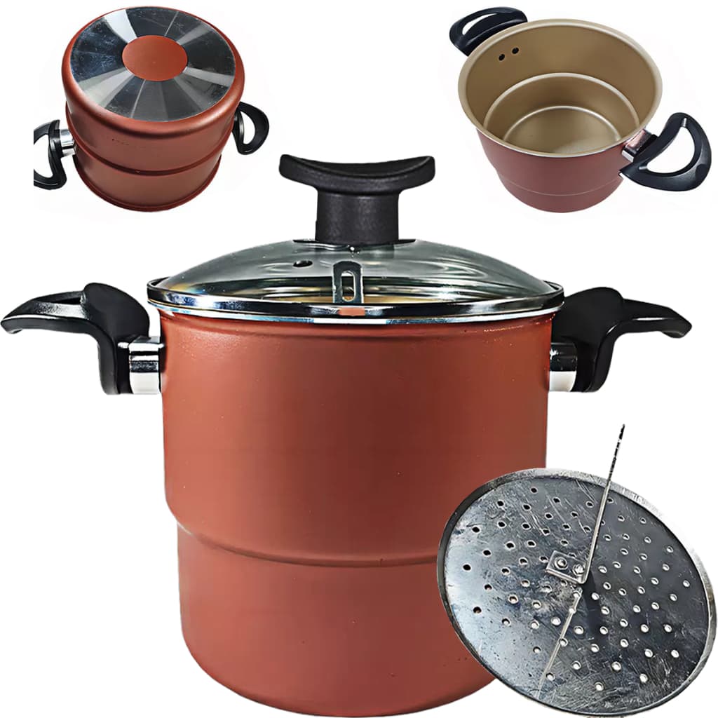 Cuscuzeiro 16cm com Tampa de Vidro Antiaderente Com 5 Camadas De Teflon Cor Cereja e Dourado