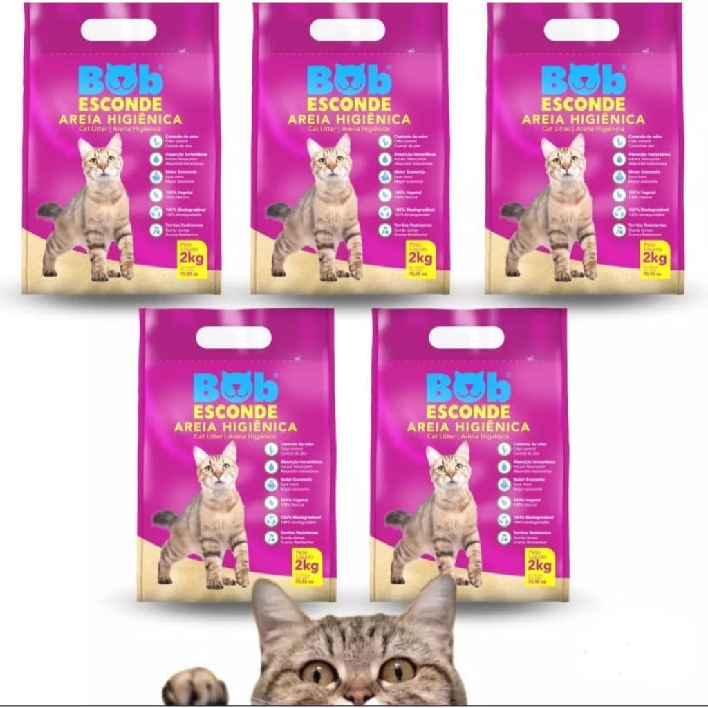 Kit 5 Unidades Areia Higiênica para Gatos Bob Esconde com Extrato de Mandioca Biodegradável 10Kg