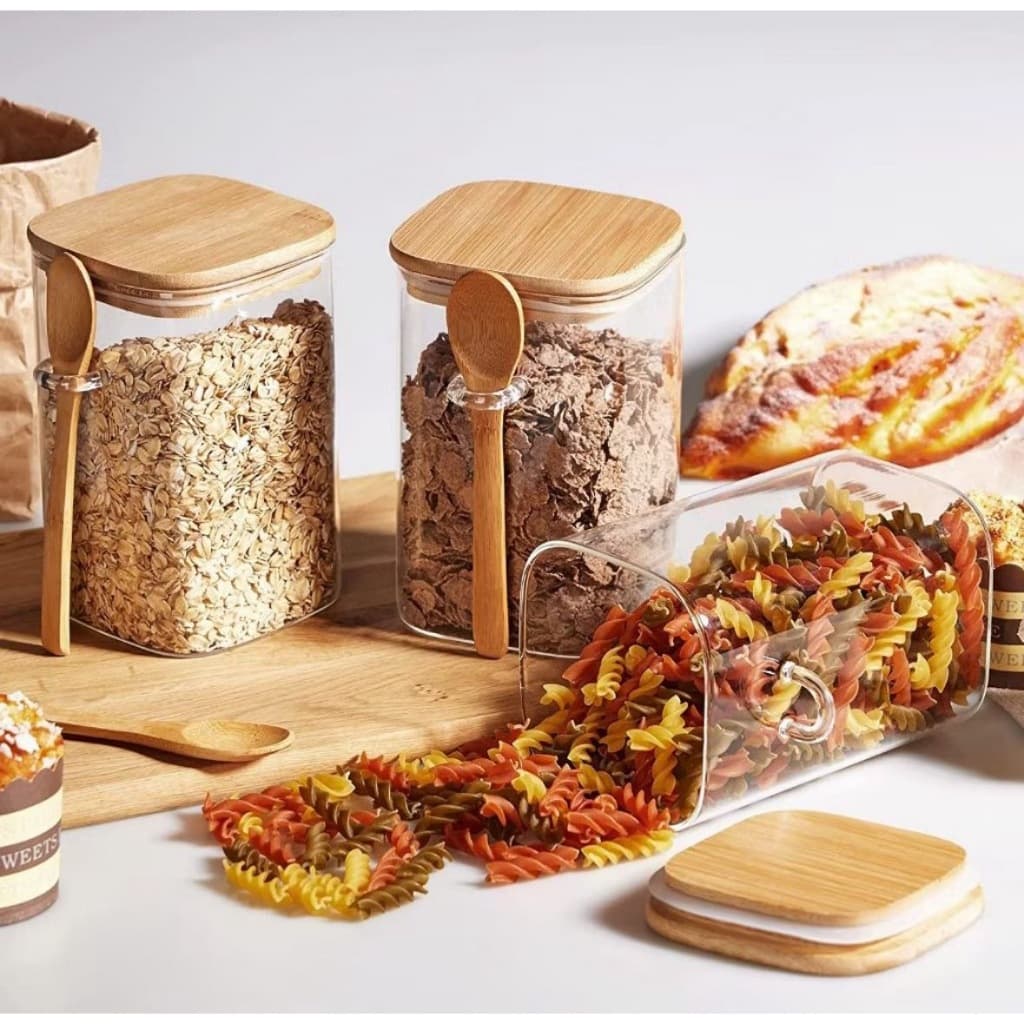 3 Potes Vidro Borossilicato [Quadrado]Tamanho 8 x 10 cm  450 ml Com Tampa e Colher de Bambu