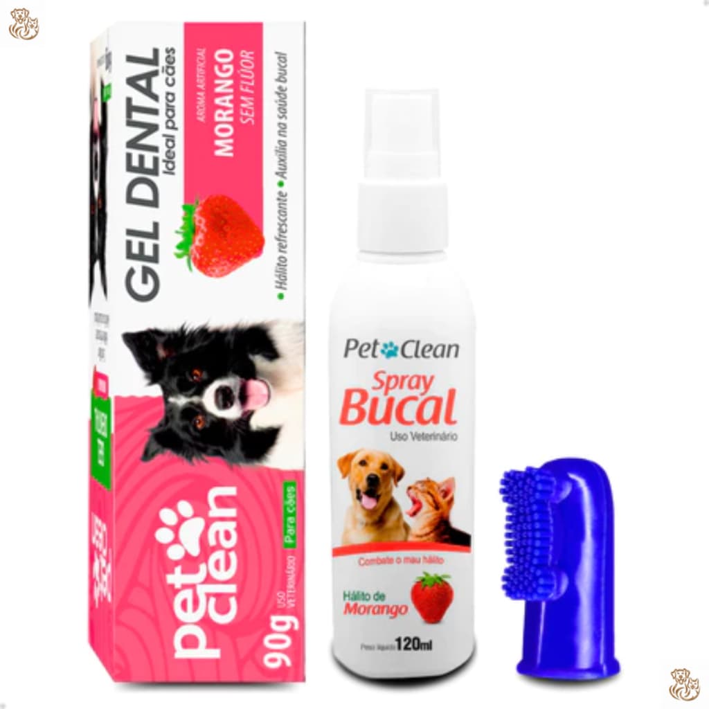 Kit Higiene Gel Pasta Dental 90g + Spray Bucal 120ml + Escova Dente Dedeira Cães e Gatos Pet Clean