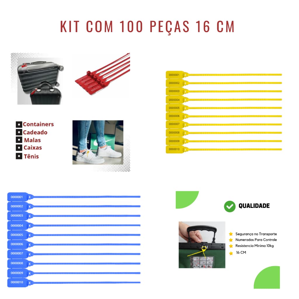 Kit 100 Lacres 16cm Numerado Segurança Malote  Uso Hospitalar Malas Viagem Bolsa - Varias Cores