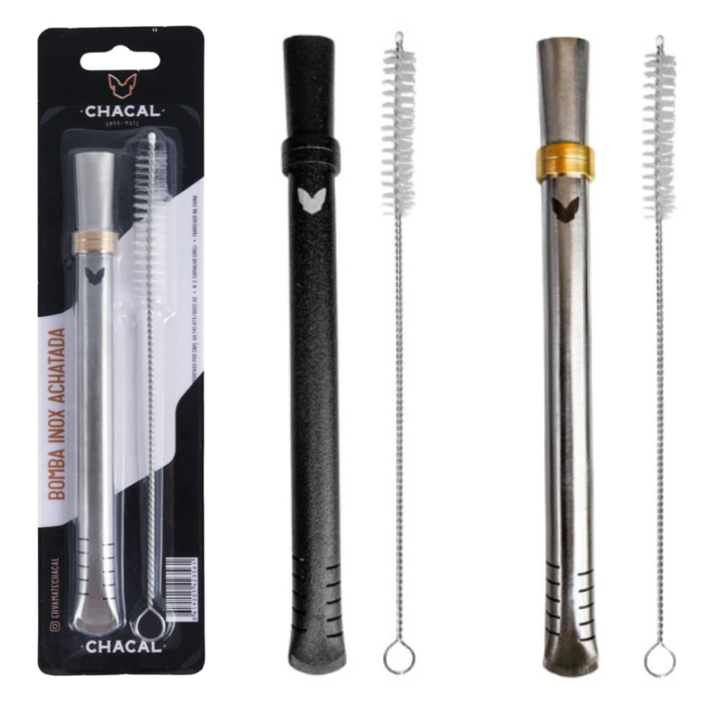 Kit Bomba Tereré Chacal Inox Achatada Com Escova