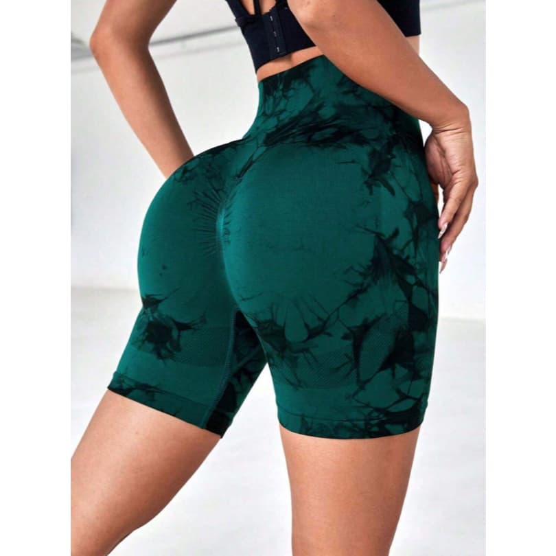 Short Legging Esportiva Academia Yoga Trendy Tie dye Amassada Levanta Bumbum Sem Costura Cintura Alta