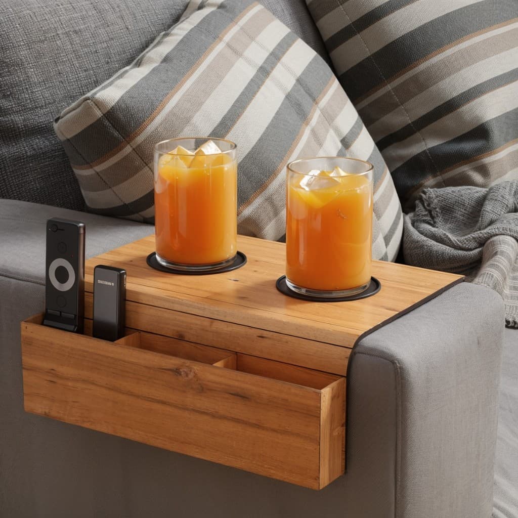 Jogo de Esteiras Para Sofá Suporte Porta Copos e Controle Madeira Decoração Sala MDF