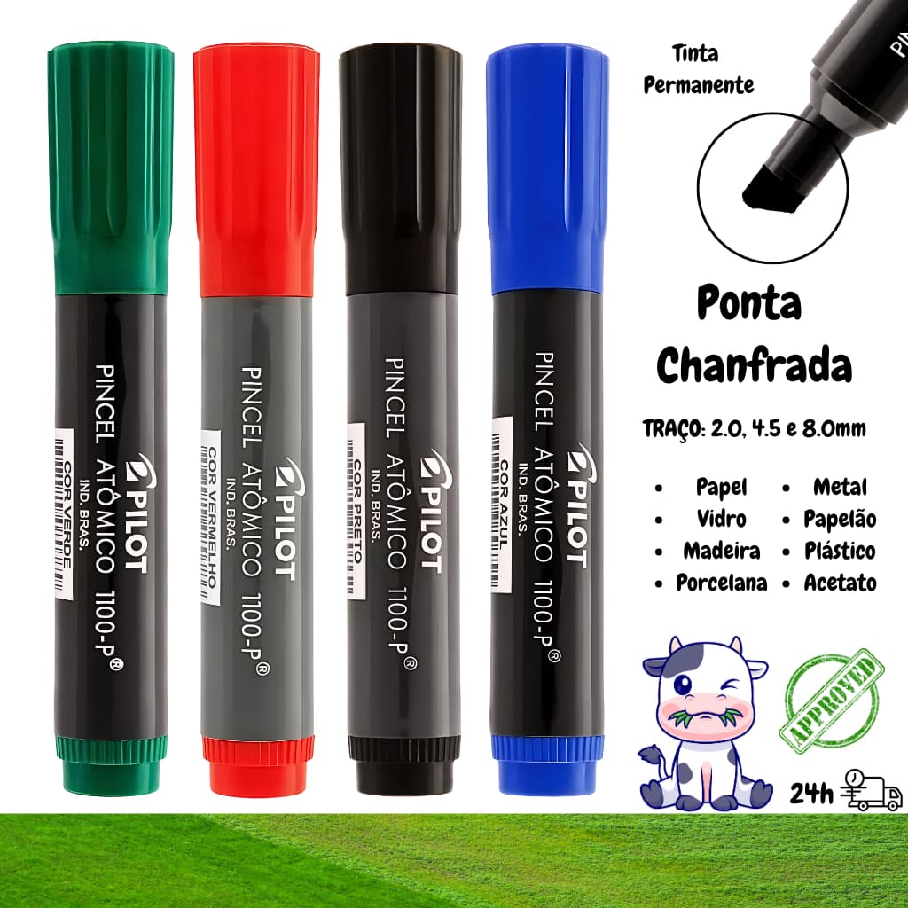 KIT 04 Marcadores Pincel Atômico 1100 Permanente Canetão Ponta Chanfrada Recarregável Pilot