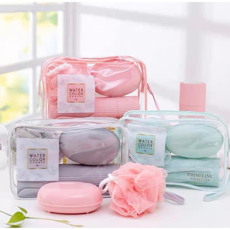 Kit Necessarie Organizadora Bolsa de Viagem com 5 Peças Porta Escova Pente Saboneteira Ducha Bolsa Portátil Transparente