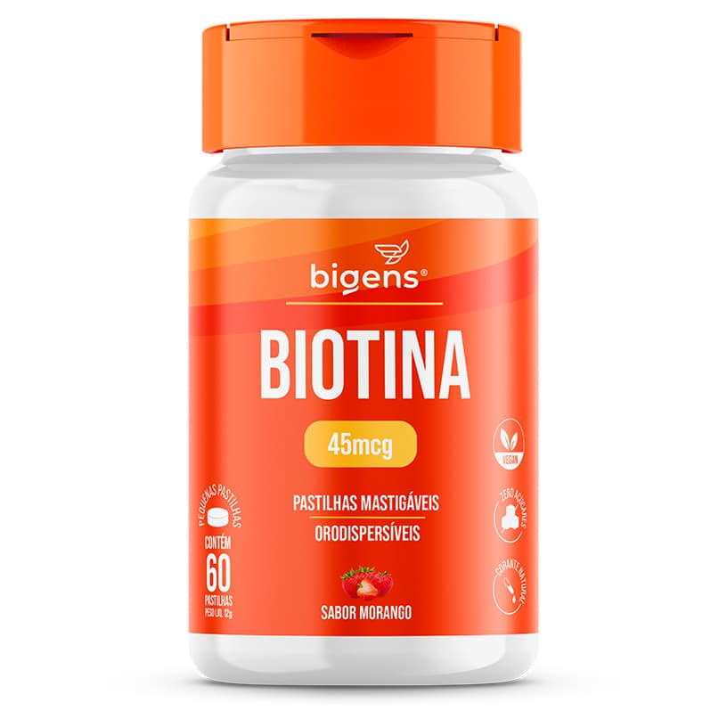 Biotina(vitamina B7)45mcg -Pastilhas Mastigáveis Para Cabelos, Pele E Unhas | Sabor Morango | Bigens