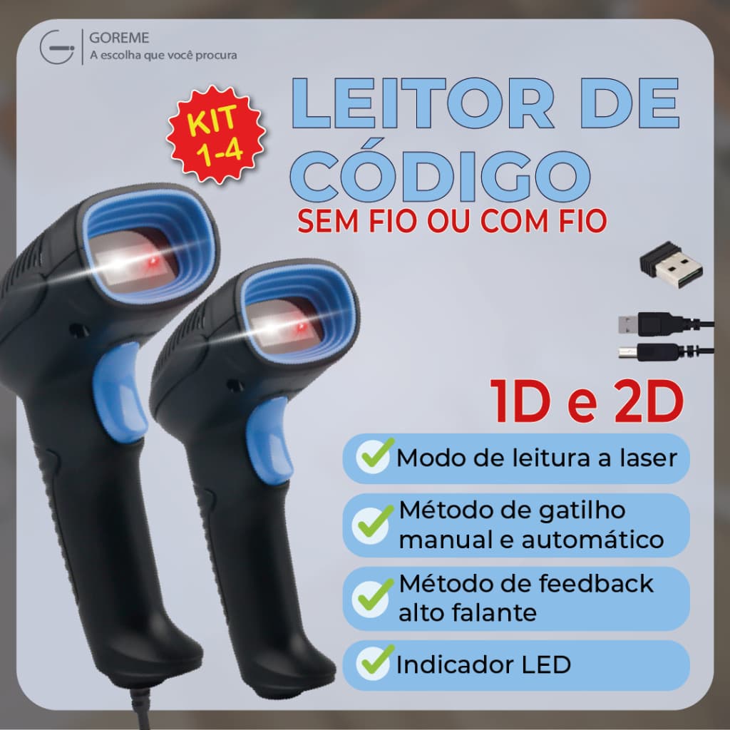 Leitor De Código De Barras Scanner Portátil Laser Com Fio ou Sem Fio USB1D/2D Leitor de Qr Code e Código de Barras
