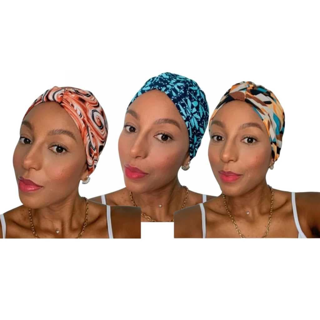 Kit 03 Turbante Luxo Estampado Touca Indiano Moda Feminino Lançamento Verão Exclusivo Quimiotepia