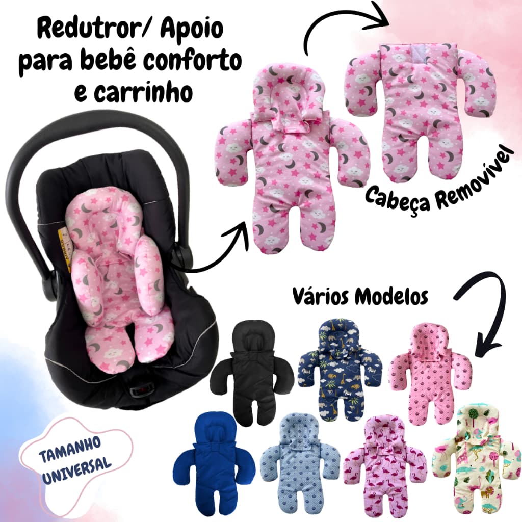 Redutor para bebê conforto e Carrinho Apoio de Corpo Cabeça Removível Vários Modelos Liso Estampado