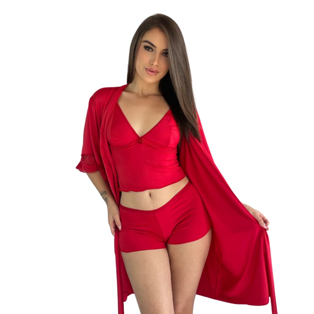 Kit Robe de Renda Com Mangas + Baby Doll Top Poliamida