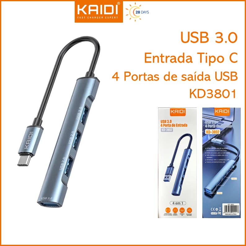 USB 3.0 4 Porta de Entrada com Saida Tipo C Kaidi KD-3801