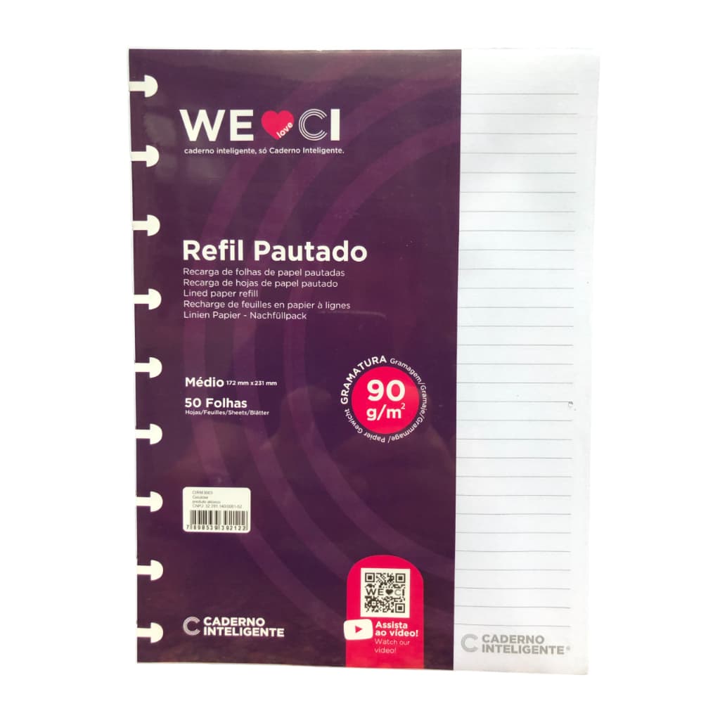 Kit Refil Caderno Inteligente Pautado Tamanho Médio Caderno 9 Furos - 90g Original