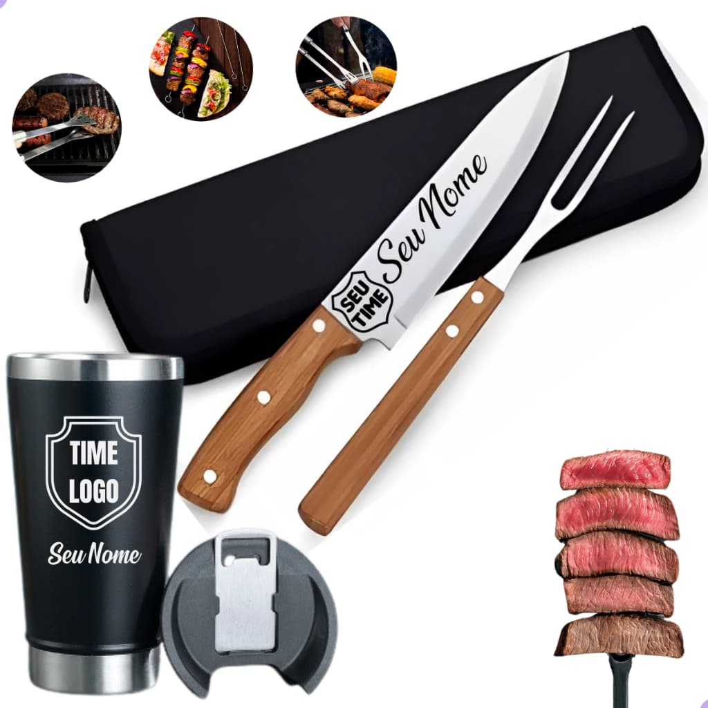 Kit Churrasco 2 Peças ou  Kit Churrasco 2 Peças + Copo Térmico  Personalizado Logo Time Nome Empresa