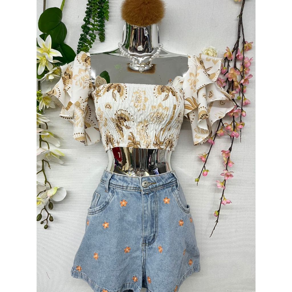 B077 tecido floral de manga curta para trompete elástico no peito