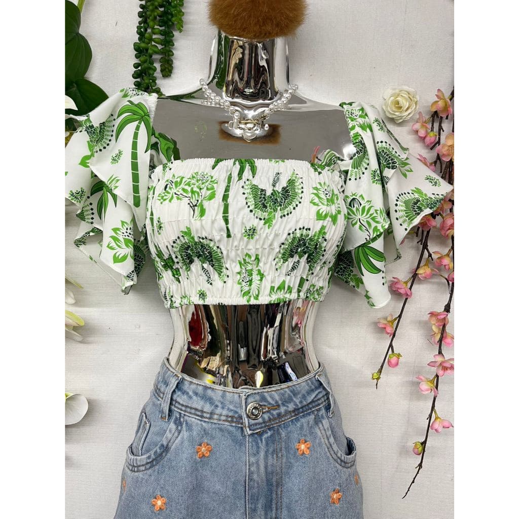 B077 tecido floral de manga curta para trompete elástico no peito