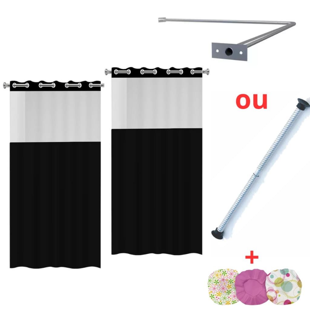 Kit 2 Cortinas de Box para Banheiro + Suporte Varão Bastão em L + Kit Instalação + Brinde