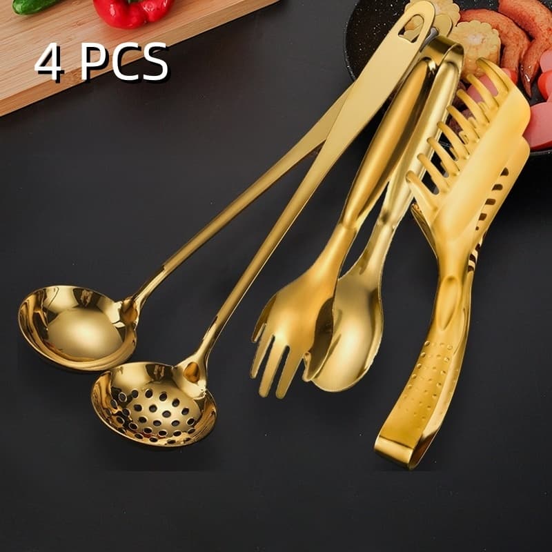 Talheres Kit 4 De Aço Inox Servindo Utensílios Pinça para pão, pinça para bife, colher de sopa Dourado Conjunto Colher