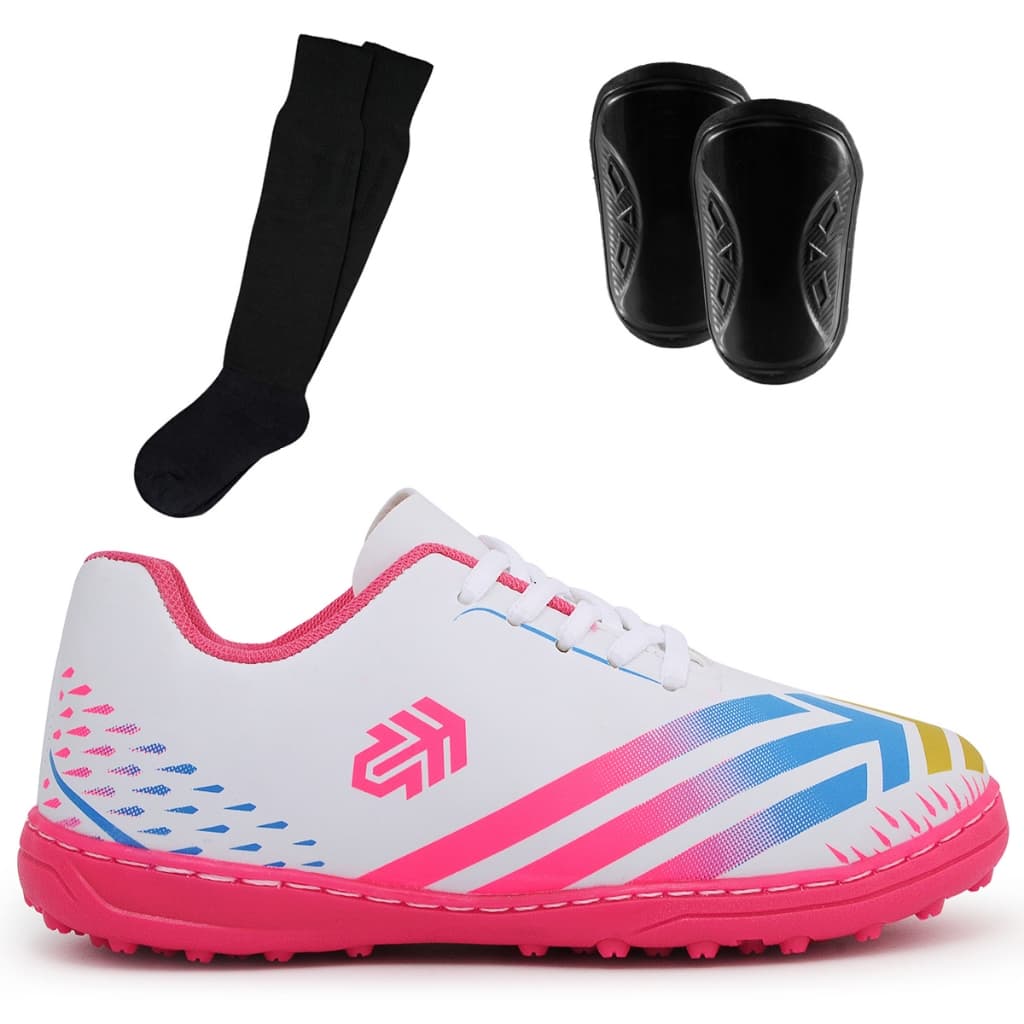 Kit Chuteira Society Feminino Infantil Juvenil Grama Sintética com Cravos + Caneleira e Meião