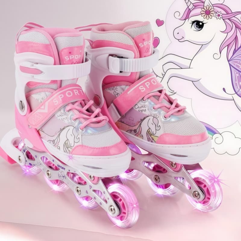Patins Infantil Roller Inline Rosa Unicornio Ajustável Com Luz De Led Criança Promoção