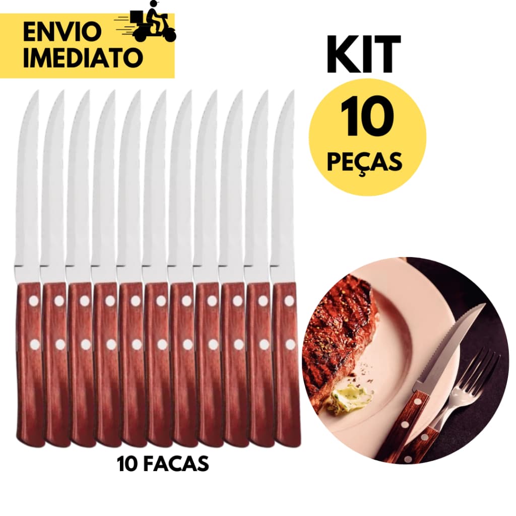 Kit 10 Facas de Mesa  Inox Cabo em Madeira Ponta Fina Jogo p/ Casa Restaurantes Churrascaria Cozinha