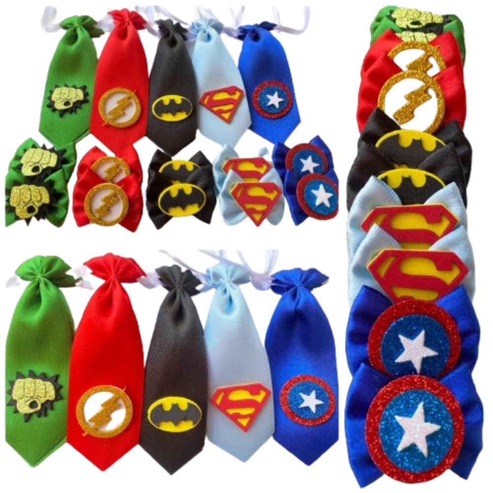 Laços 10 uni + Gravatas Pet 10 uni - HEROIS - Tamanho M
