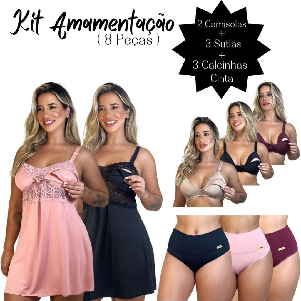 Kit 2 Camisolas Amamentação + 3 Sutiãs amamentação + 3 Calcinhas Compressão