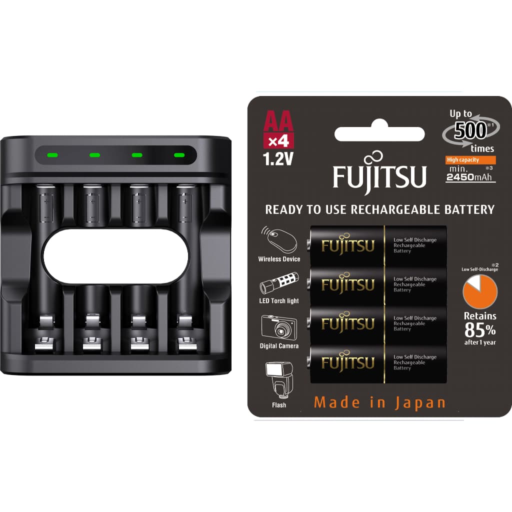 Carregador Enercell 4-LN com 4 pilhas AA Recarregáveis da Fujisu Premium