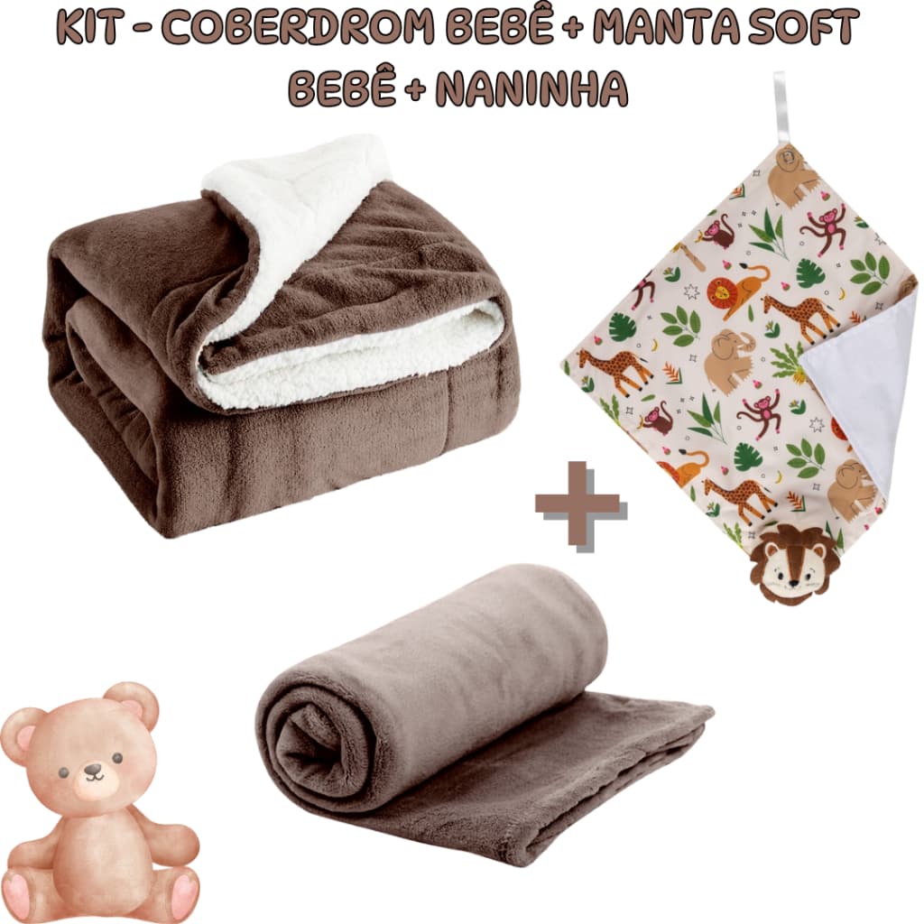 Kit 3 Itens Coberdrom sherpa bebê + Manta soft bebê + Naninha Muitas opções Oferta Imperdível