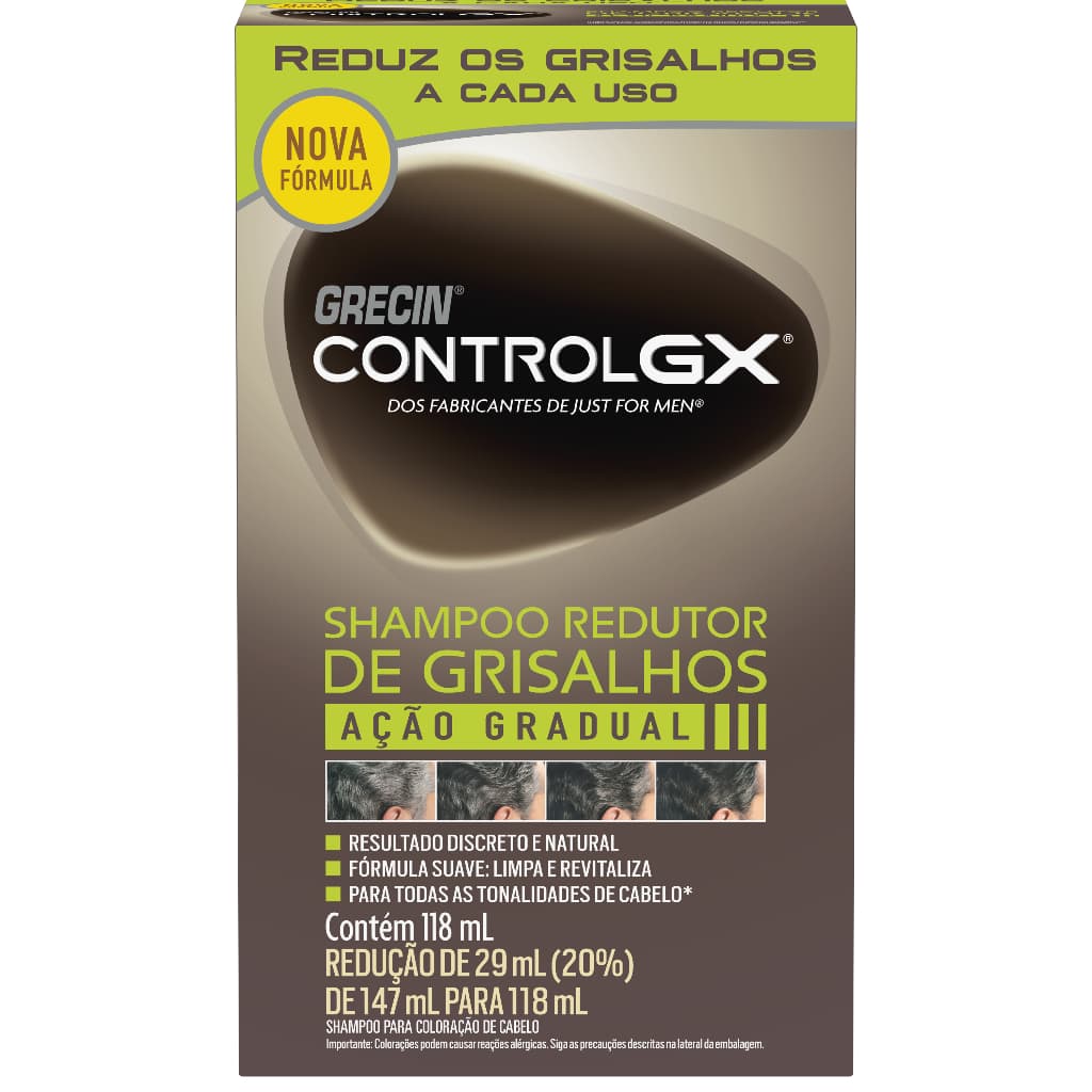 Grecin Control GX Shampoo Redutor Gradual de Grisalhos 118ml - Para todos os tipos e natural de cabelo. Aparência jovem