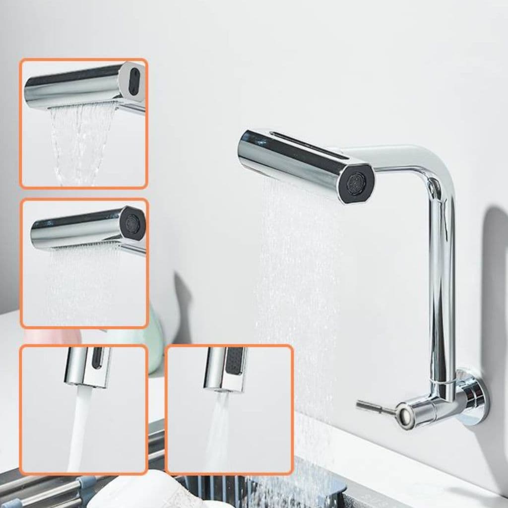 Torneira De Cozinha Cascata 360 Rotação 4 Funções Bocal De Alta Pressão Misturadora De Pia Para Cozinha Na Parede