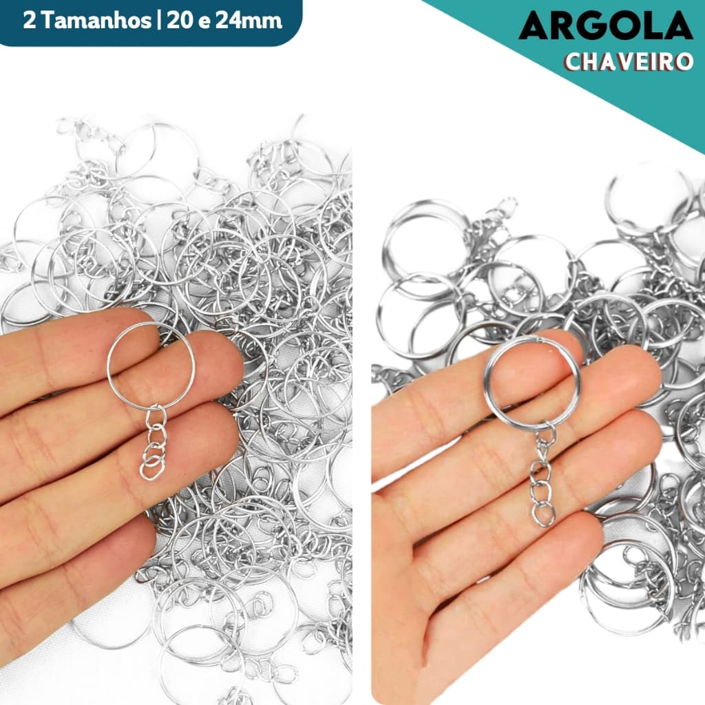 Argola Para Chaveiro Com Corrente - Tamanhos: 20mm / 24mm  - Pacote Com 50 / 100 Unidades - BNVT