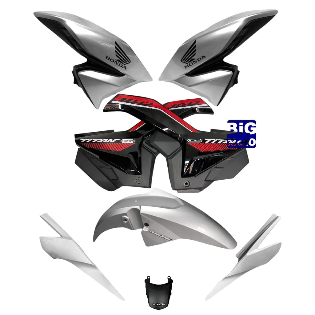 Kit CG Titan160 2023 Prata Force-Par Aba do tanque com Complemento+Par Tampa lateral com Complemento+Paralama+Rabeta