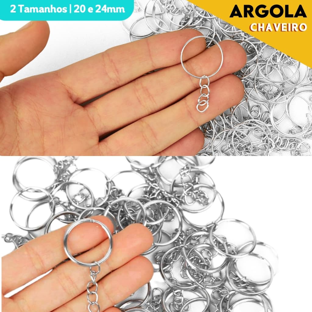 Argola Para Chaveiro Com Corrente - Tamanhos: 20mm / 24mm  - Pacote Com 50 / 100 Unidades - NL