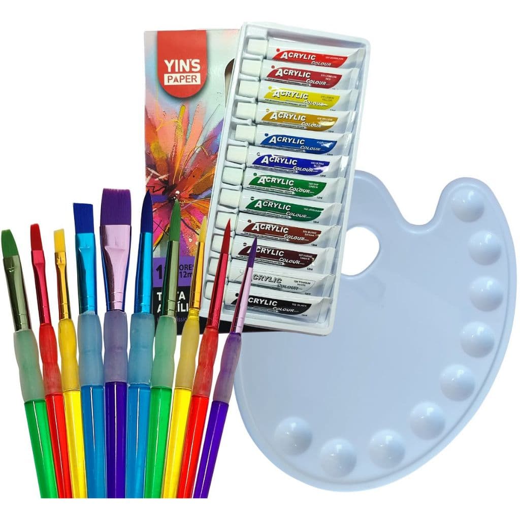 Kit 10 Pinceis Ergonômico 12 Tintas Acrílica e Godê 9 Cavidades Pintura