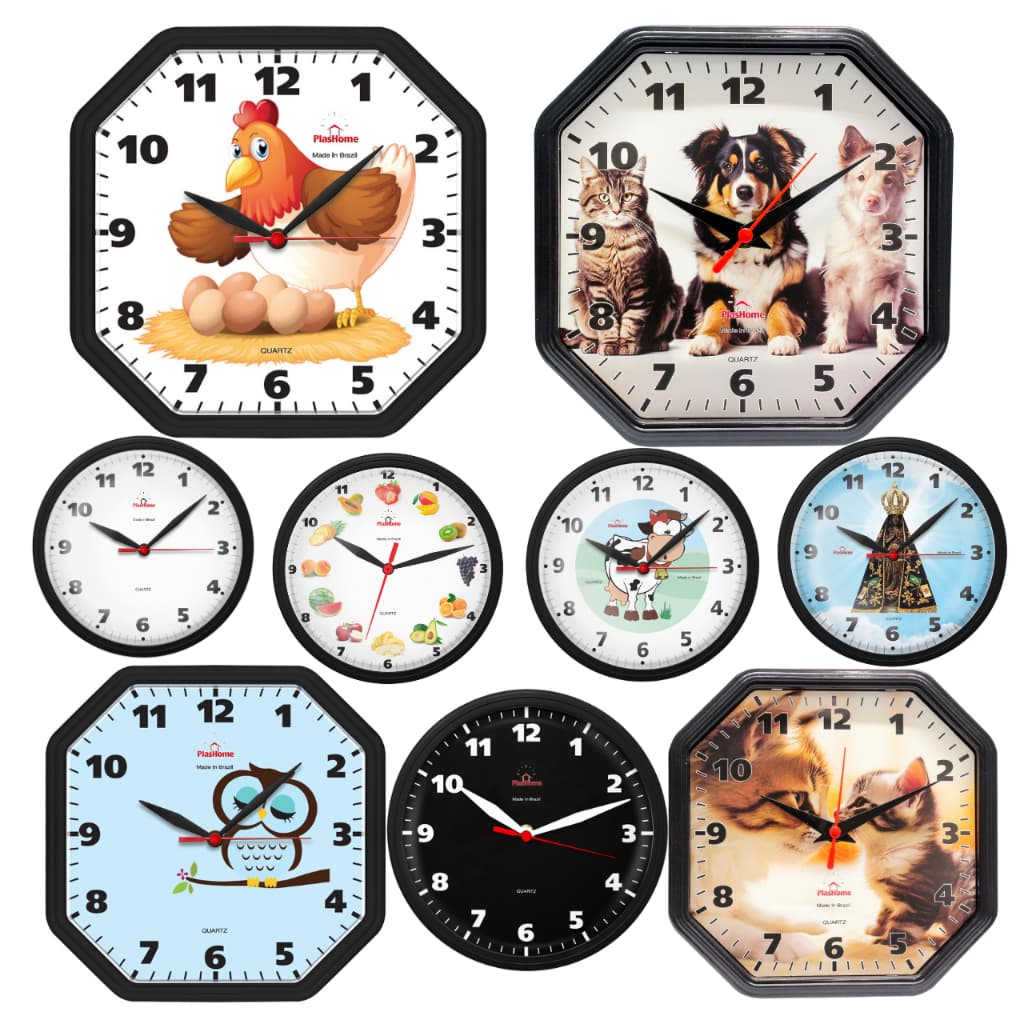 Relógio de Parede Plashome Gama Preto Galinha Oitavado Cozinha Sala Escritório Tic Tac