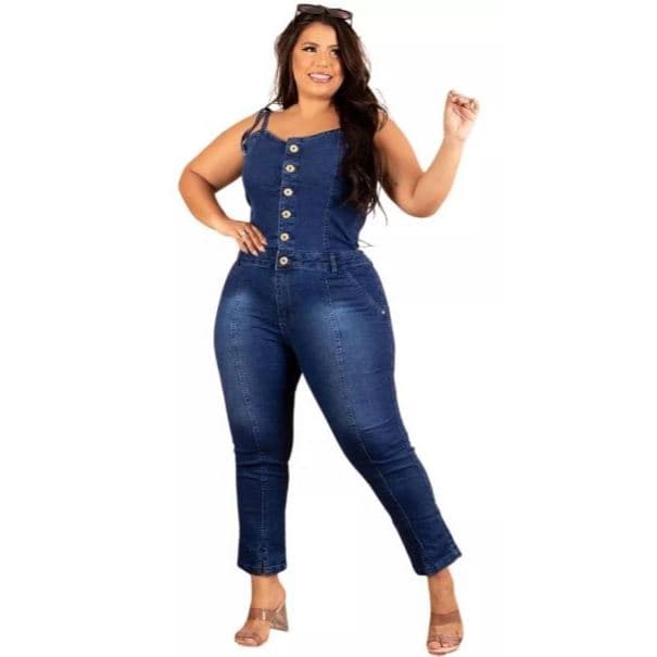 Jardineira longa de alça cigarrete plus size pequenos defeitos